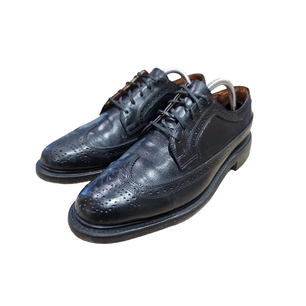 Spiegel VTG Mens 9.5 D Black Leather Wingtip‎ Oxford Shoes Custom Grade Brogue
